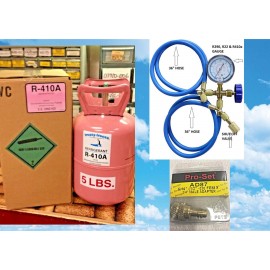 R410a, Refrigerant, 5 lb. Can, Best Value , Recharge Kit, Gauge, Hoses, Adpt